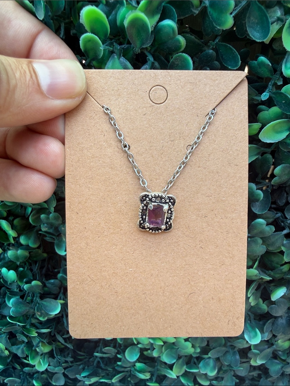 Repurposed Silver-Tone Purple Gemstone Pendant Necklace